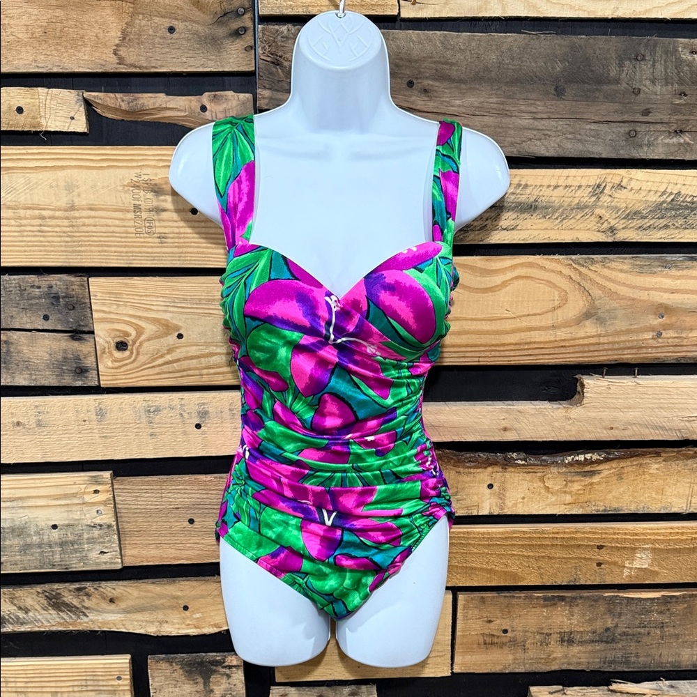 Vintage 80s Sirena 12 One Piece Swimsuit Vibrant Floral‎ Retro Pin Up Ruched